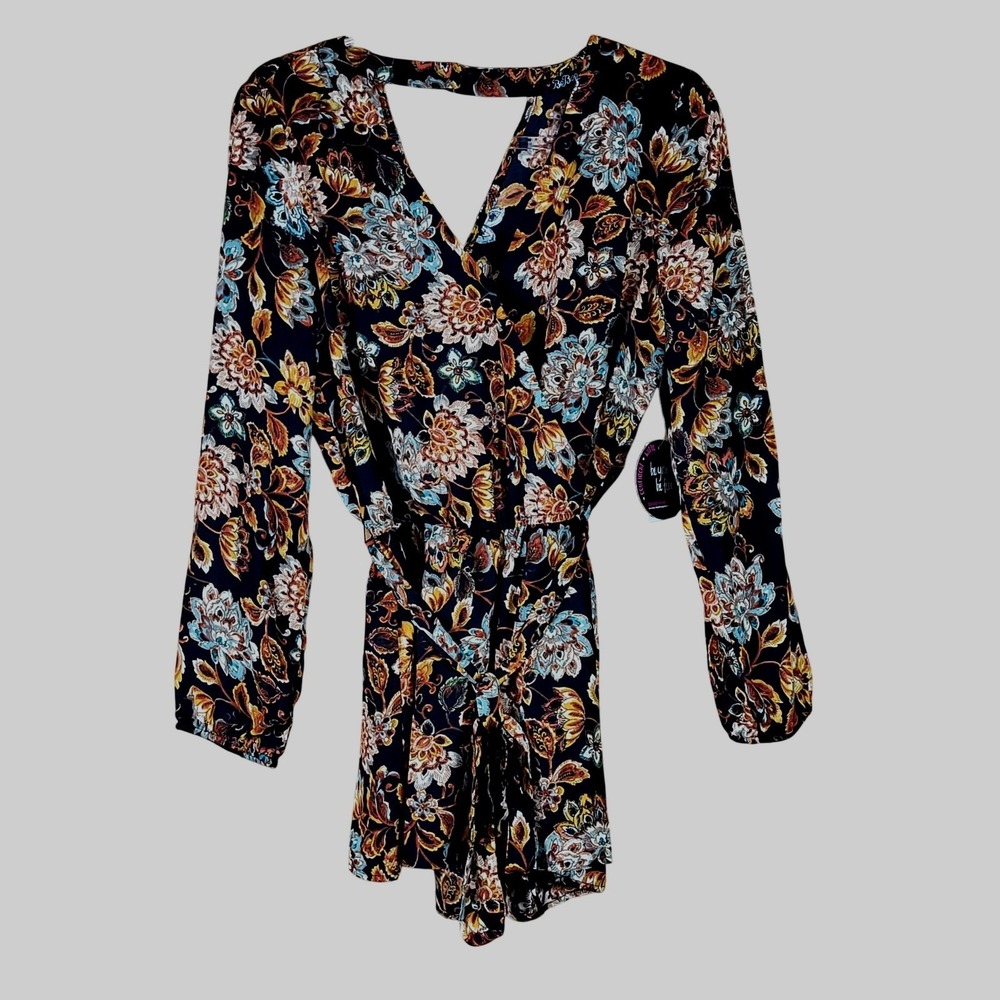 BeBop Romper Women Large Floral Paisley Cutout Back Long Sleeve Black Multi NEW